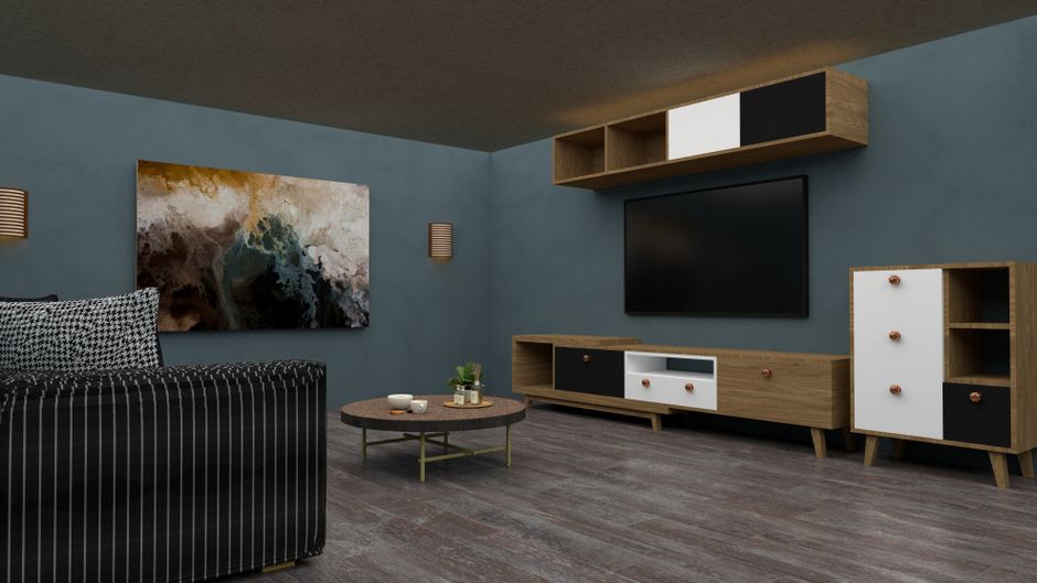Chic modern living room featuring stylish furniture and abstract art for contemporary elegance.